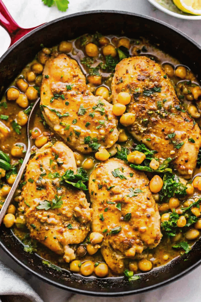 One-pan chicken and chickpeas with herbs and lemon in a cast-iron pan.