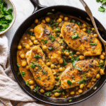 Pan seared chicken breasts served with chickpeas, spinach, and lemon sauce in a skillet.