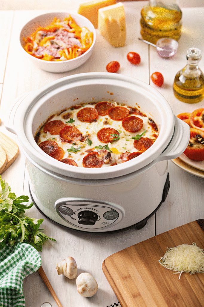 Slow-cooked Crock Pot Pizza with gooey mozzarella, fresh vegetables, and savory Italian sausage.