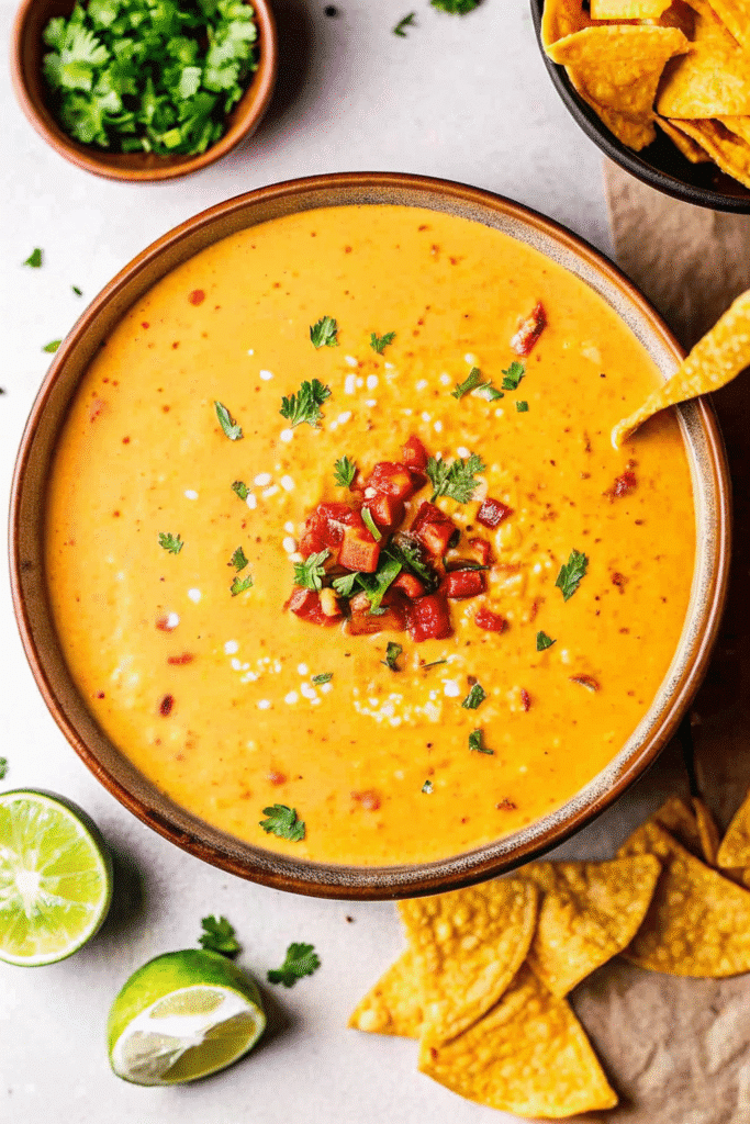 Close-up of cheesy Crockpot Cheese Dip topped with Pico de Gallo, served hot for dipping.