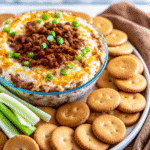 Million Dollar Dip Recipe served in a bowl topped with crispy bacon, shredded cheddar cheese, and green onions