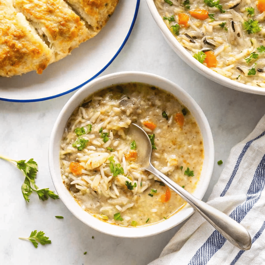 Bowl of Instant Pot Chicken and Wild Rice Soup with shredded chicken, wild rice, carrots, celery, and mushrooms, garnished with fresh parsley.