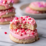 Plate of Valentine Day Frosted Sugar Cookies with pink frosting and colorful sprinkles