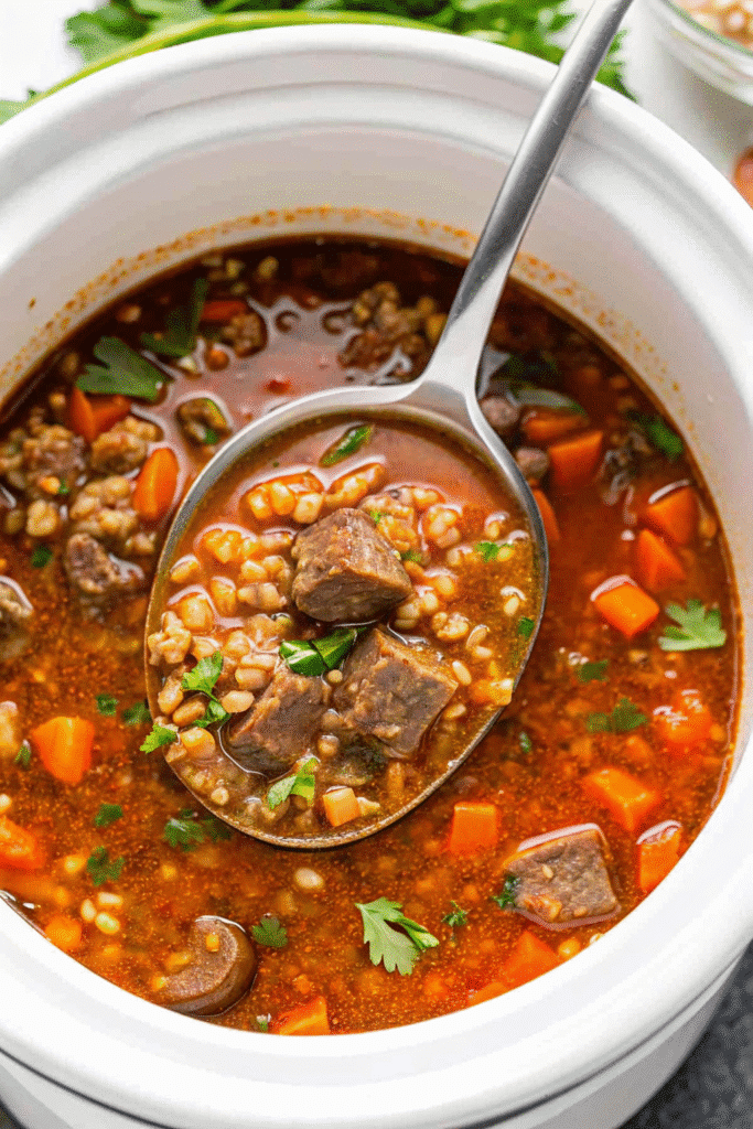 Slow cooker beef barley soup with chunks of beef, pearl barley, and vegetables in a warm, savory broth, ready to serve.