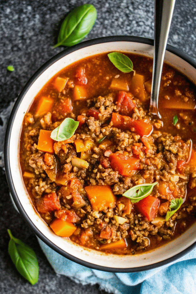 Close-up of Italian Instant Pot Beef Chili showing rich tomato sauce, tender beef, and colorful vegetables.