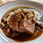 Valentine Day Steak Dinner Recipe with seared sirloin medallions, sautéed mushrooms, caramelized onions, and creamy mashed potatoes