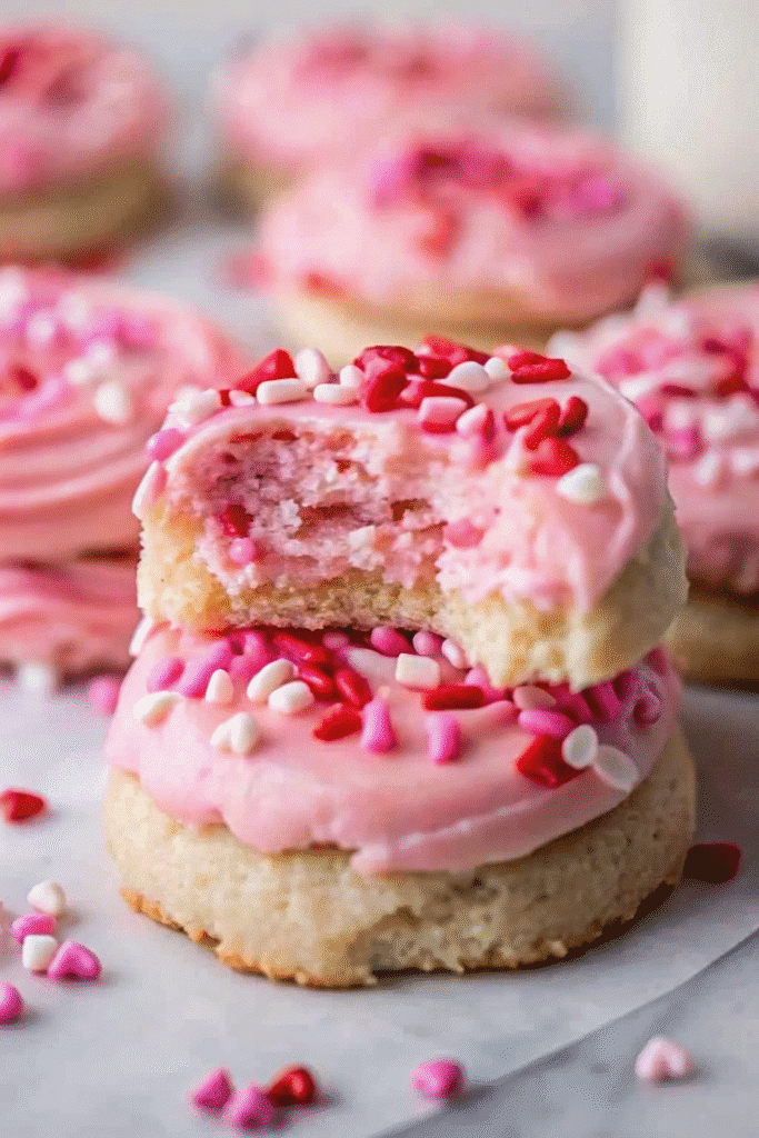 Close-up of frosted Valentine’s Day sugar cookies decorated with sprinkles
