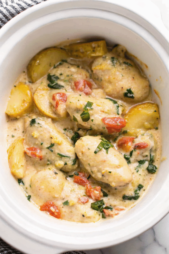 Crockpot Italian Chicken served in a bowl over pasta, garnished with melted mozzarella and fresh basil leaves.