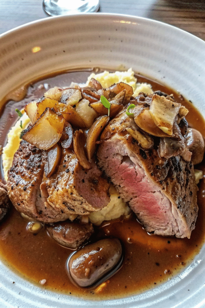 Valentine Day Steak Dinner Recipe plated with juicy sirloin steak, rich mushroom sauce, and homemade mashed potatoes