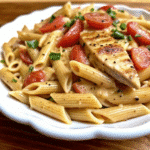Slow Cooker Cheesy Chicken Penne with tender shredded chicken, penne pasta, and creamy melted cheese sauce.