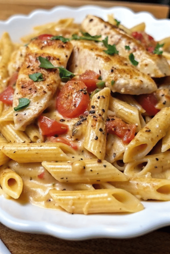 Creamy Slow Cooker Cheesy Chicken Penne garnished with fresh parsley in a serving bowl.