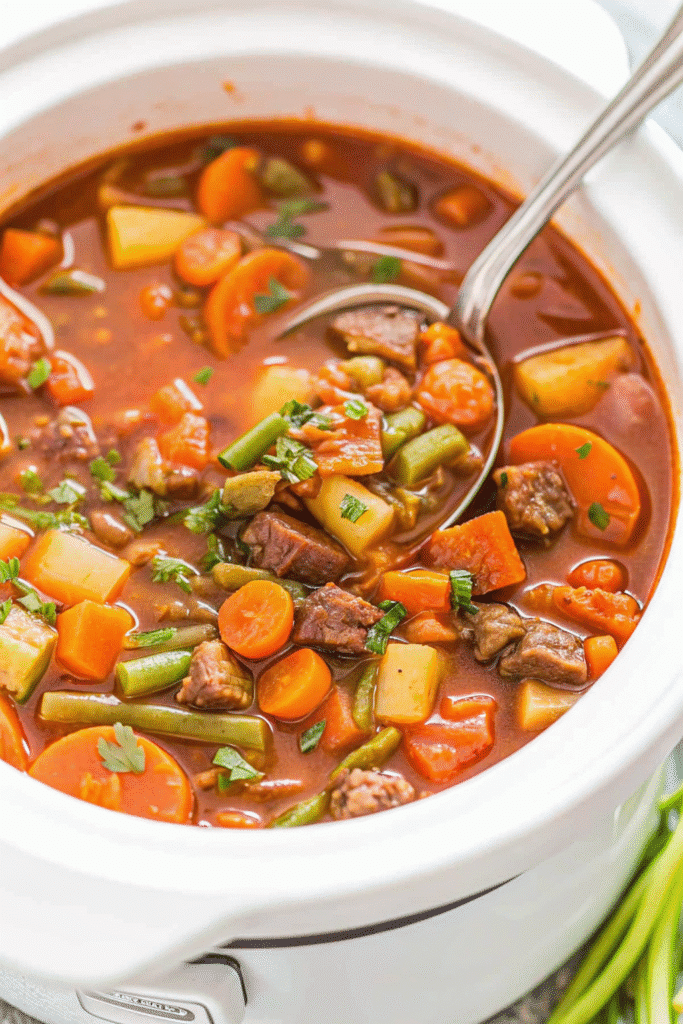 Homemade Crockpot Vegetable Beef Soup served warm with beef chunks and mixed vegetables