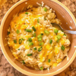 Slow Cooker Funeral Potatoes in a creamy cheesy casserole with crispy potato chip topping