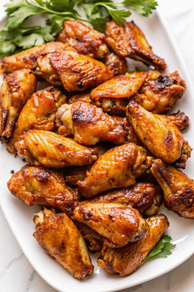 Slow-cooked chicken wings glazed with barbecue sauce, ready to serve straight from the oven.