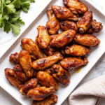 Juicy Crockpot Chicken Wings coated in buffalo sauce on a baking sheet, golden and crispy under the broiler.