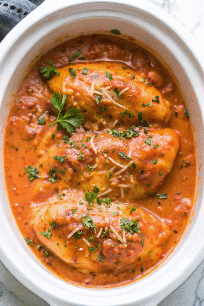 Crock Pot creamy tomato basil chicken with rich tomato sauce and melted Parmesan, ready to serve.