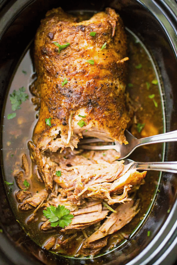 Juicy Slow Cooker Pork Loin Roast sliced and ready to serve with a golden-brown crust.