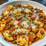 Cheesy Enchilada Beef Tortellini Skillet with ground beef, cheese tortellini, melted cheddar-jack cheese, and cilantro