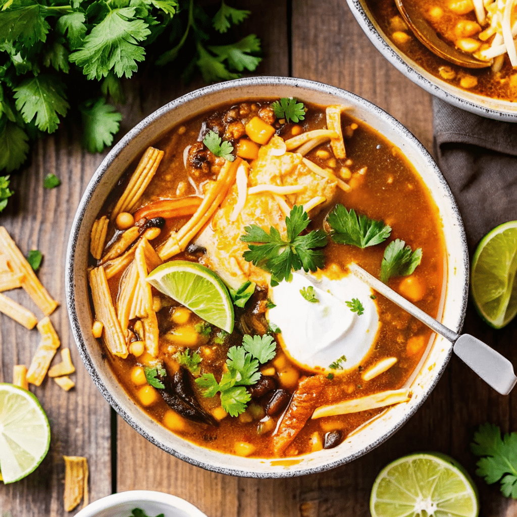 Crock Pot Chicken Tortilla Soup Recipe served in a bowl with shredded chicken, black beans, corn, and crispy tortilla strips on top