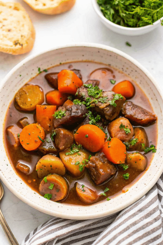 Close-up of Honey Balsamic Slow Cooker Beef Stew, showing juicy beef chunks and vegetables in a thick, flavorful sauce.