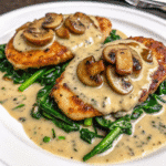 Golden Chicken Spinach and Mushroom Bake Recipe topped with melted mozzarella in a white baking dish