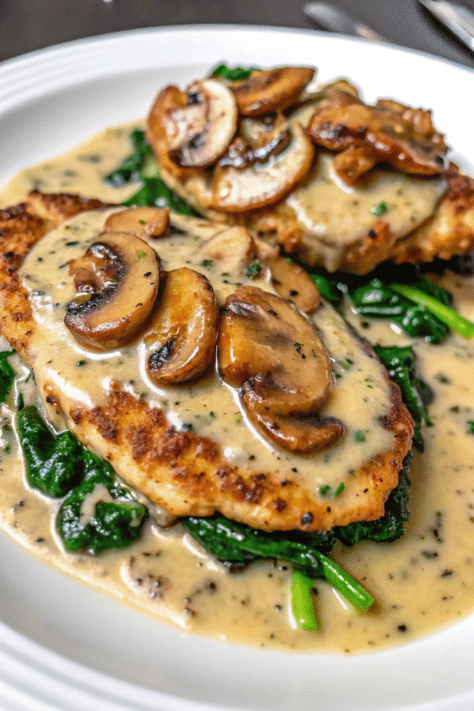 Close-up of Chicken Spinach and Mushroom Bake Recipe showing tender chicken in creamy mushroom sauce with spinach