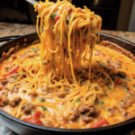 Creamy Rotel Spaghetti served in a bowl with ground beef, melted cheddar, and mozzarella cheese