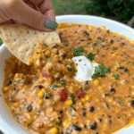 Tex-Mex Beef Queso Dip Recipe served warm with tortilla chips, topped with cilantro