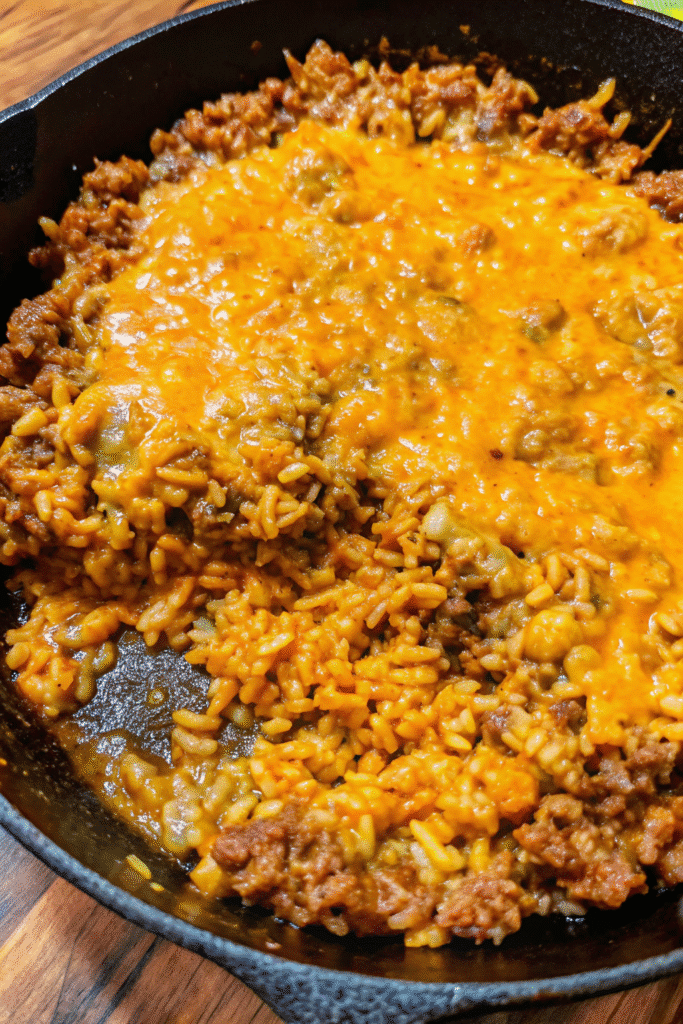 Sloppy Joe Rice Skillet with seasoned ground beef, tender rice, rich tomato sauce, and melted cheddar cheese served warm in a pan.
