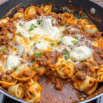 Cheesy Tortellini Lasagna fresh from the oven with melted mozzarella and marinara sauce.