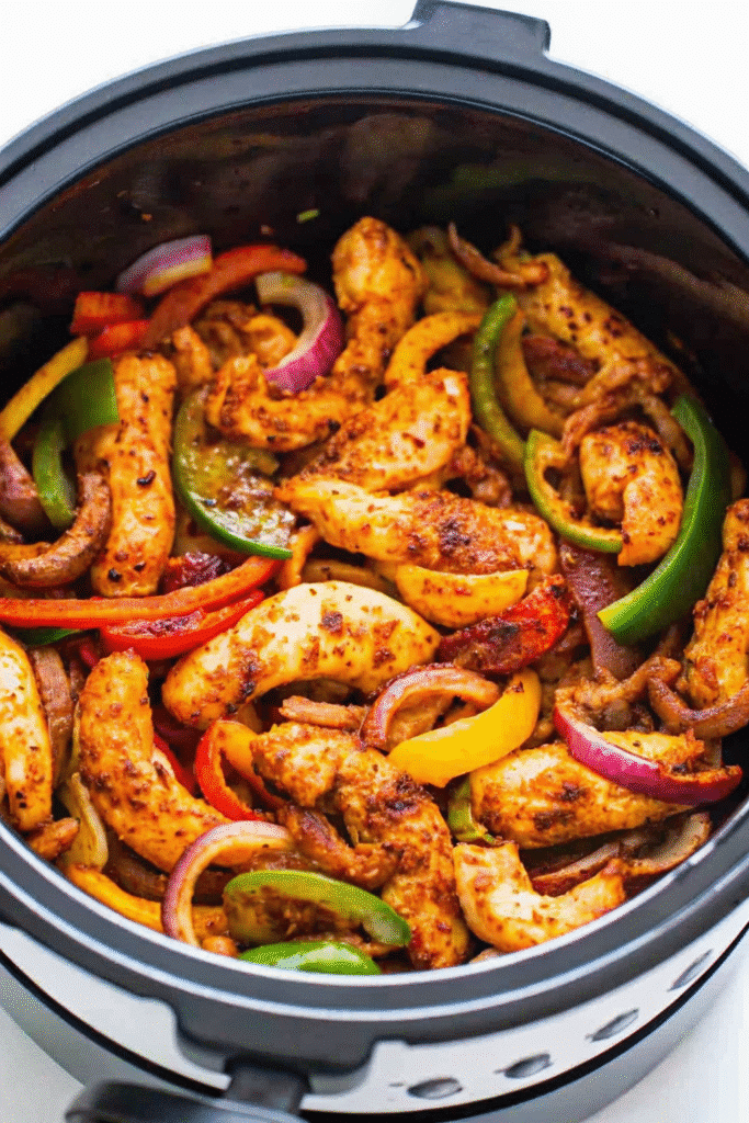 Air fryer basket filled with seasoned chicken and vibrant bell peppers cooking to golden perfection.