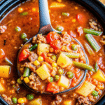 A bowl of Crock Pot Spicy Vegetable Beef Soup filled with ground beef, potatoes, mixed vegetables, and rich tomato broth.