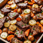 Juicy steak strips and colorful roasted vegetables on a sheet pan, ready to serve.