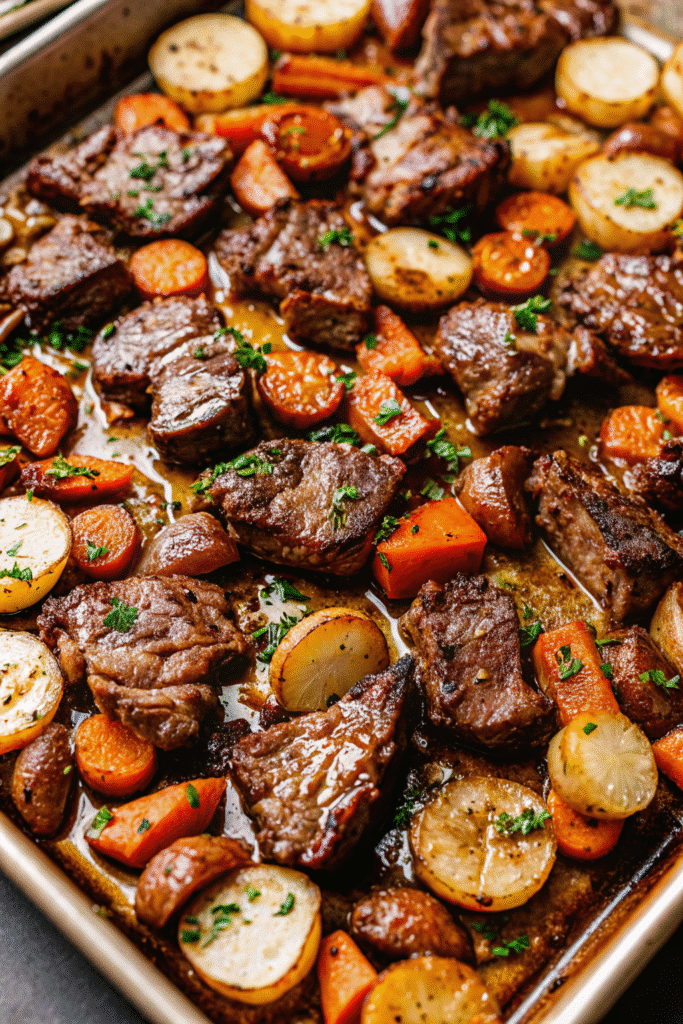 Sheet pan filled with tender steak and vibrant vegetables, garnished with parsley.
