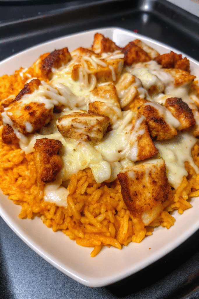 Cheesy Queso Chicken and Rice Skillet served in a large pan