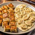 Garlic butter chicken bites served with creamy Alfredo cheese tortellini on a plated dinner dish