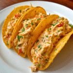 Crispy nacho cheese taco shells filled with creamy Chicken Rotel Tacos mixture topped with fresh cilantro