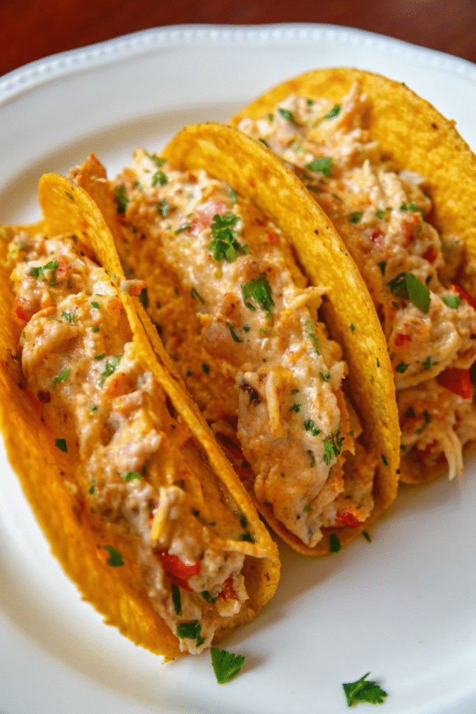 Plate of Chicken Rotel Tacos loaded with creamy shredded chicken and melted cheddar cheese filling