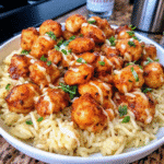 Bowl of honey garlic chicken bites served over creamy Parmesan rice garnished with fresh parsley.