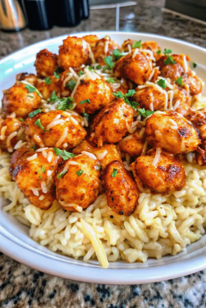 Close-up of golden honey garlic chicken pieces on creamy rice with melted cheese and parsley garnish.