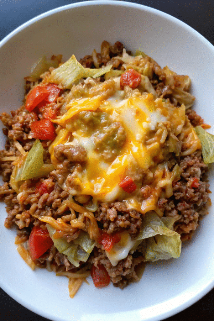 Baked Cheesy Cabbage Beef Casserole in a casserole dish, showing bubbly, golden cheese and savory filling.