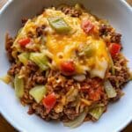 Cheesy Cabbage Beef Casserole fresh out of the oven with melted golden cheddar cheese on top, ready to serve.