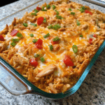 Cheesy Fajita Chicken Casserole baked with shredded chicken, rice, peppers, tomatoes, and melted Mexican blend cheese in a casserole dish.