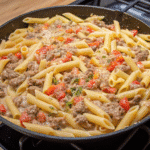 Cheesy Rotel Pasta Skillet with penne pasta, ground beef, turkey sausage, bell peppers, and melted Velveeta cheese in a skillet.
