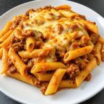Cheesy Baked Creamy Beef Pasta served in a baking dish with melted golden cheese and parsley garnish