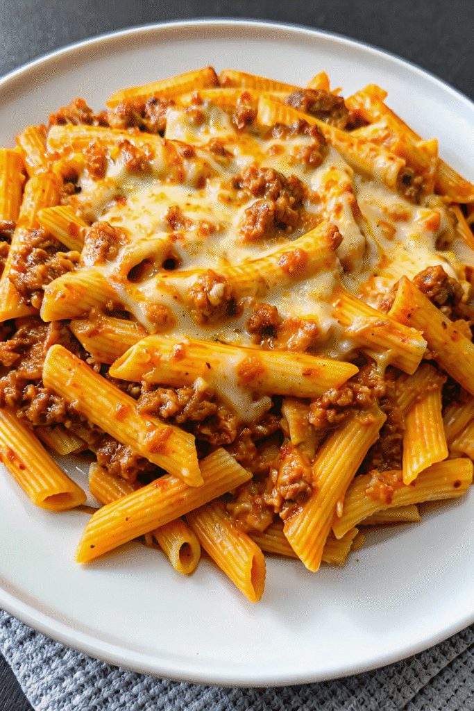 Close-up of Cheesy Baked Creamy Beef Pasta showing creamy sauce, seasoned beef, and bubbly melted cheese