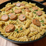 Creamy Pepper Jack Chicken and Sausage Pasta served in a white bowl, topped with fresh parsley, showcasing a rich cheesy sauce coating the pasta.