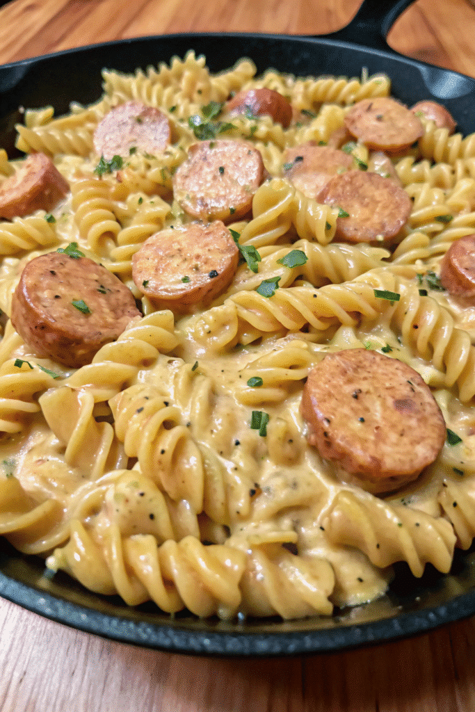 Close-up of Creamy Pepper Jack Chicken and Sausage Pasta with rotini pasta, melted Pepper Jack and Parmesan cheese, and garnished with parsley.