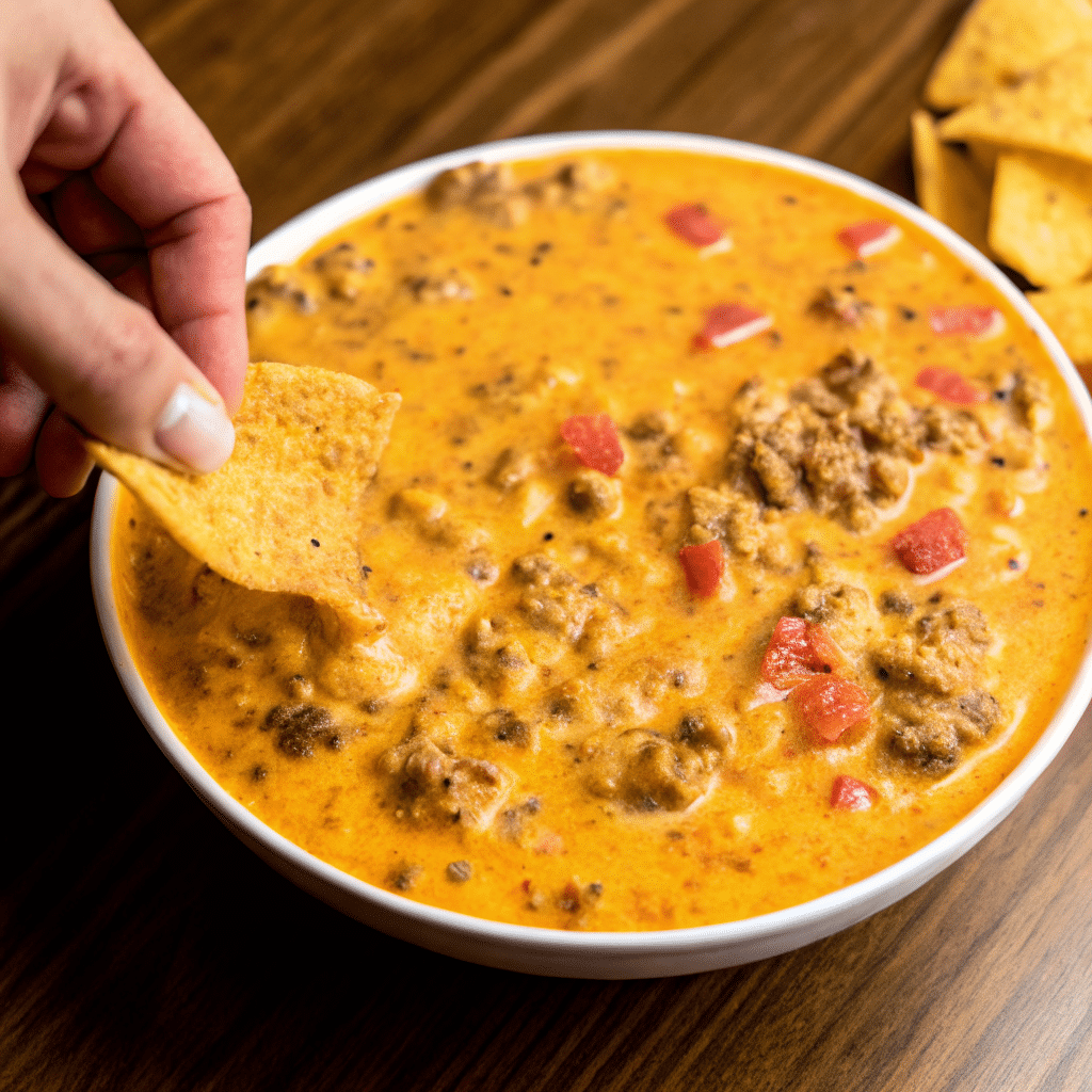 Bowl of cheesy ground beef queso dip topped with fresh cilantro, served with tortilla chips on the side.