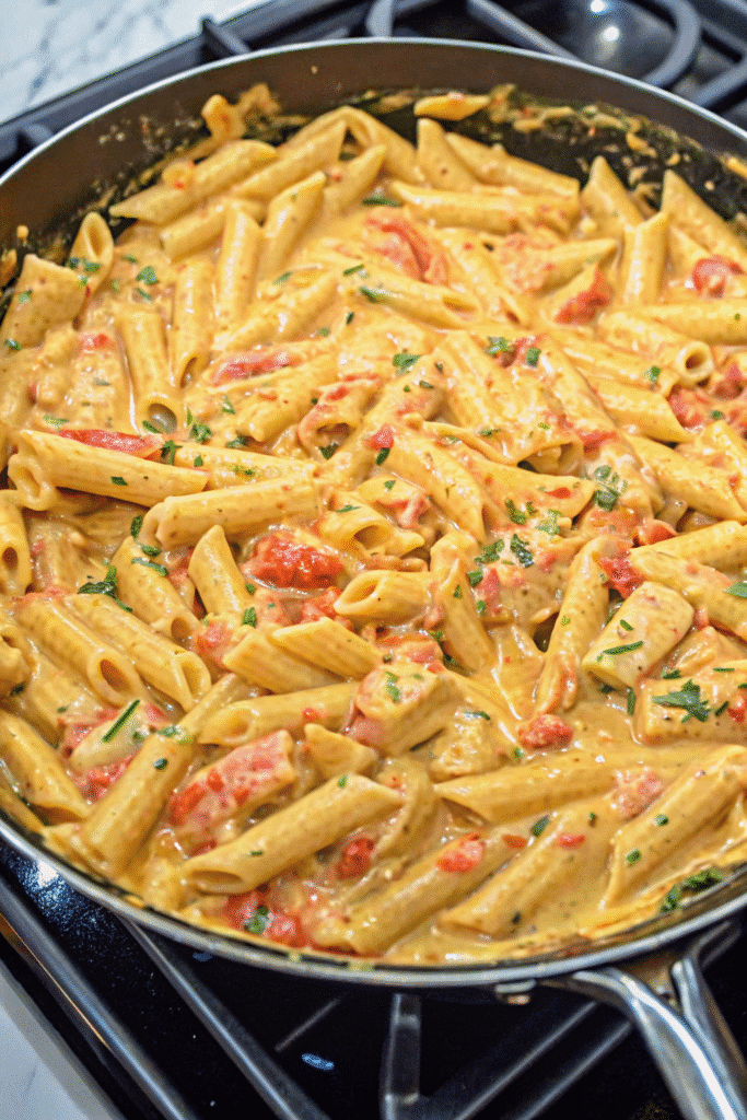 Close-up of Cheesy Queso Chicken Penne Skillet topped with seasoned chicken, creamy Velveeta queso sauce, and tomatoes with green chilies.